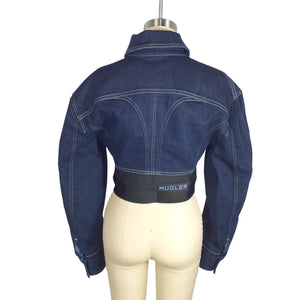 Mugler Cropped Blue Bi Material Corset Jacket Size 36 EU / US 4 NWT