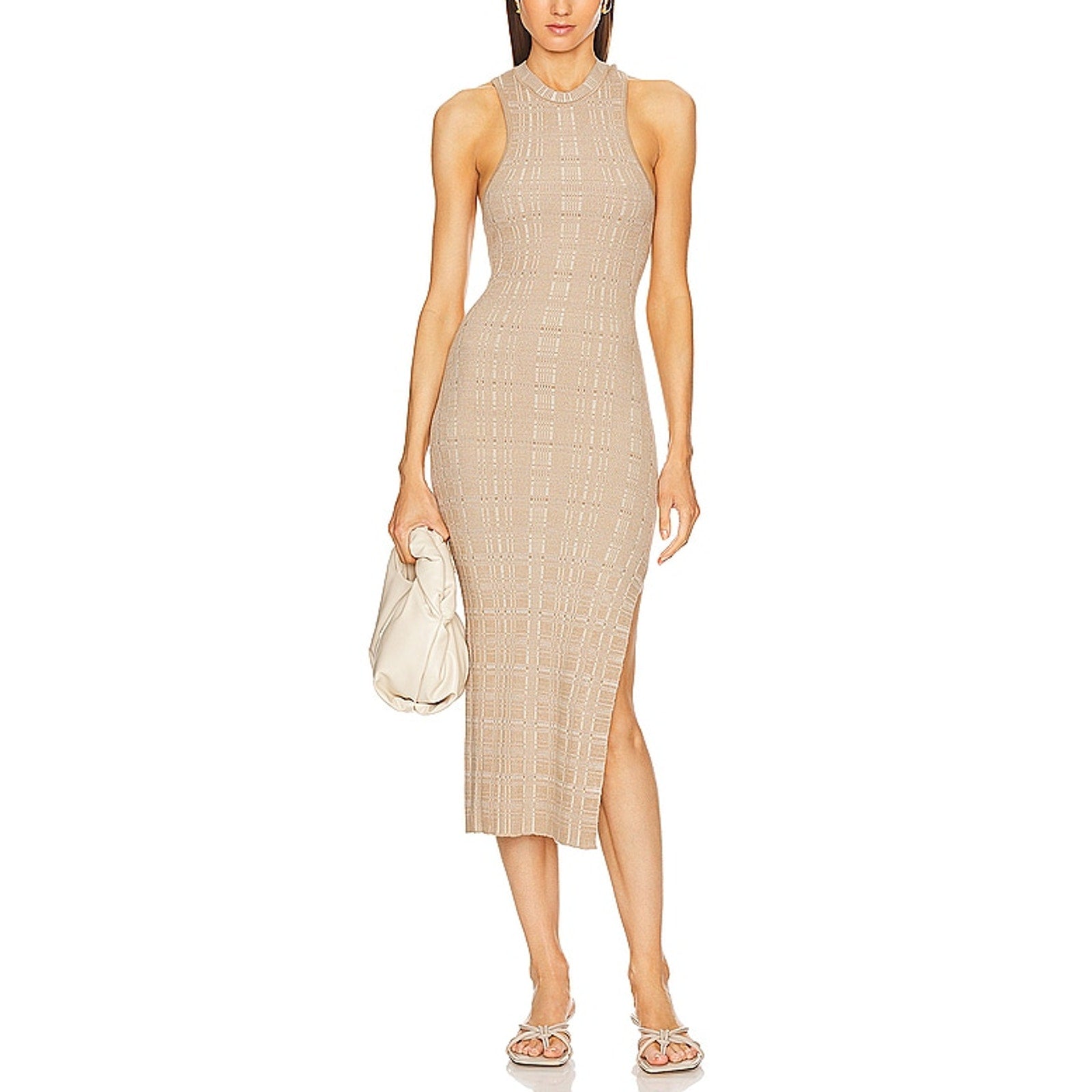 L'Academie By Marianna 'Halia' Beige Viscose Midi Knit Dress With Slit Size S - NWT