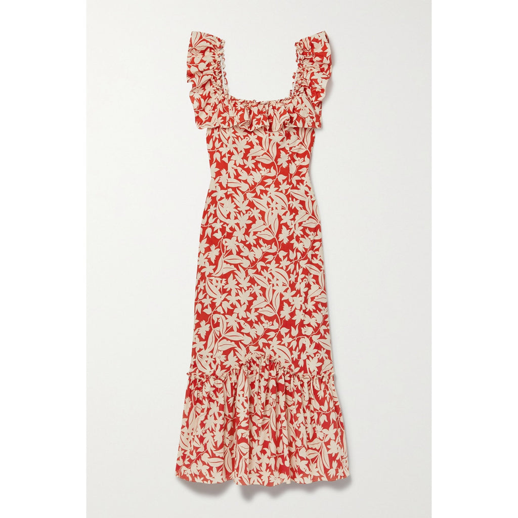 Rixo June Ruffled Red Cotton Floral-Print Cotton-Voile Midi Dress Size 2