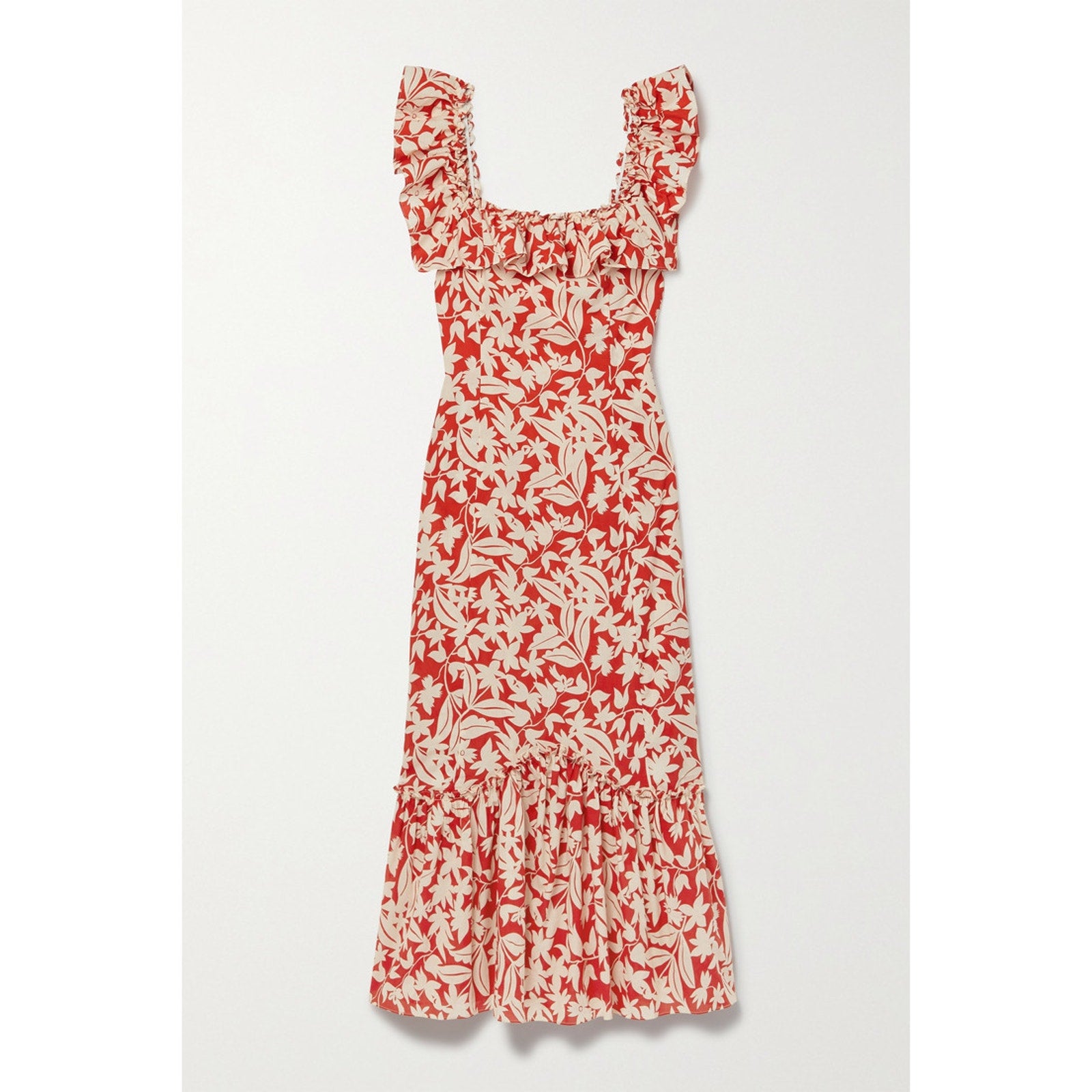 Rixo June Ruffled Red Cotton Floral-Print Cotton-Voile Midi Dress Size 2