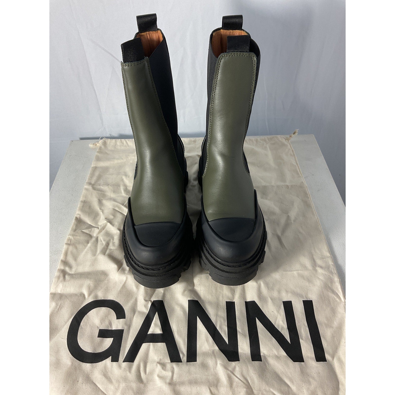 Ganni Mid Chelsea Green Leather Boots Size 7