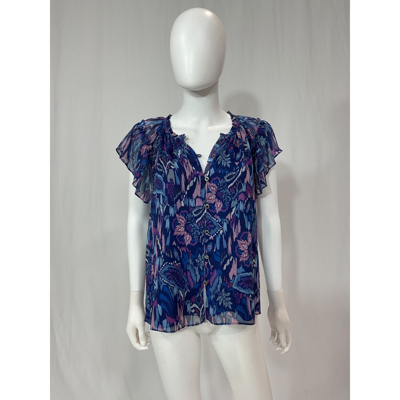 Ramy Brook 'Ember' Blue Allover Print V Neck Flutter Sleeve Blouse Size XS