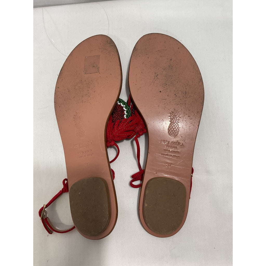 Aquazzura 'Patillita' Red Suede Leather Flat Sandal Size 7
