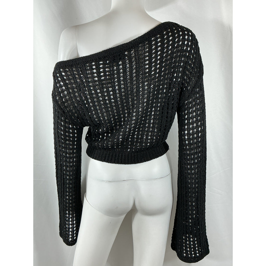 L'Academie 'Odilie' Black Cotton Crochet Off Shoulder Sweater Size M