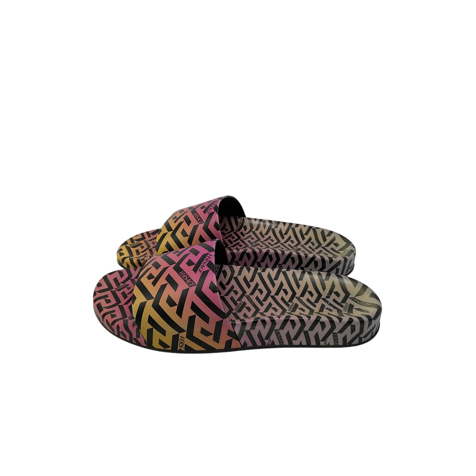 Versace La Greca Pink Polyurethane Print Pool Slides Size 8 US / 38 EU
