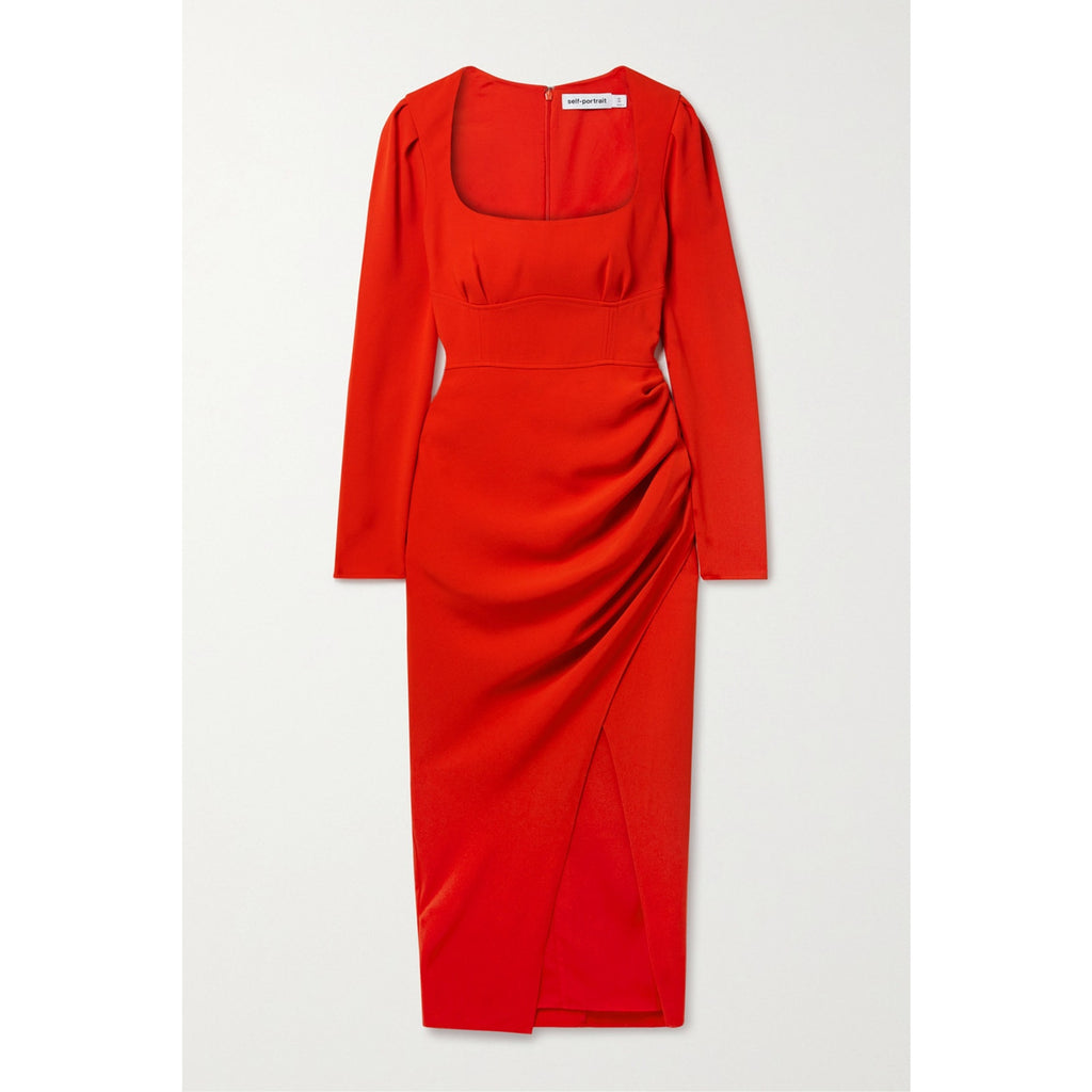 Self-Portrait 'Gathered' Red Crepe Midi Dress Size 4 - NWT