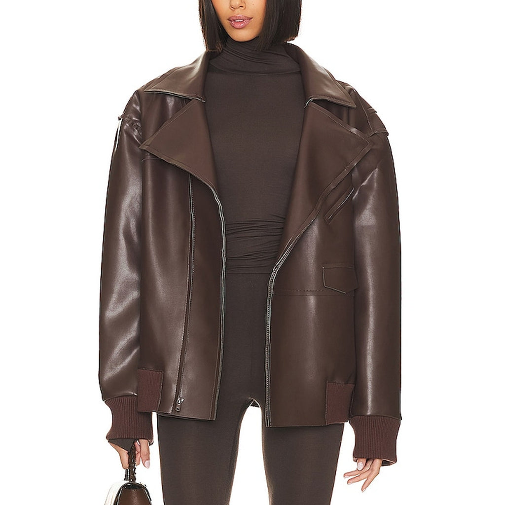 Norma Kamali Oversized Brown Polyurethane Moto Jacket Size M