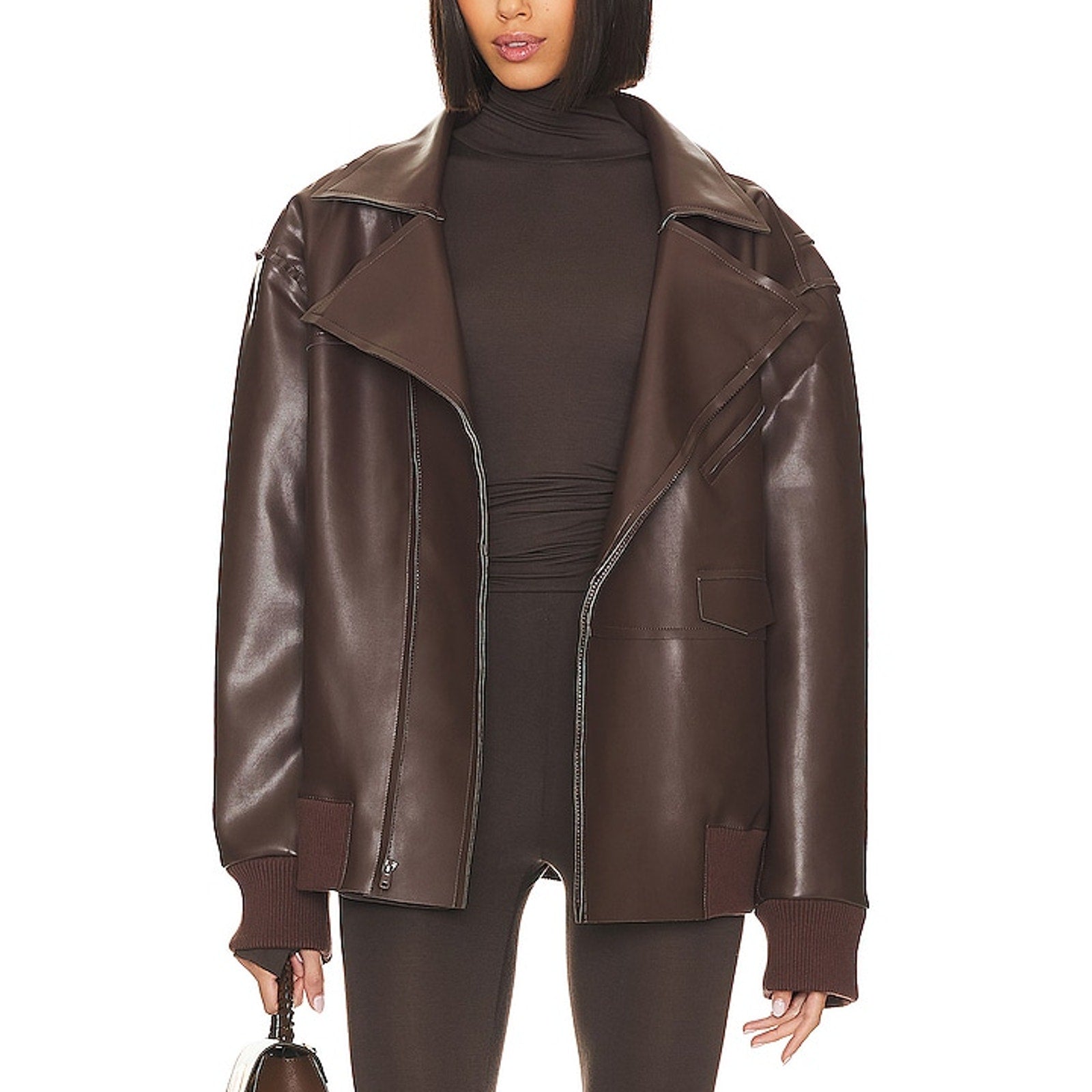 Norma Kamali Oversized Brown Polyurethane Moto Jacket Size M