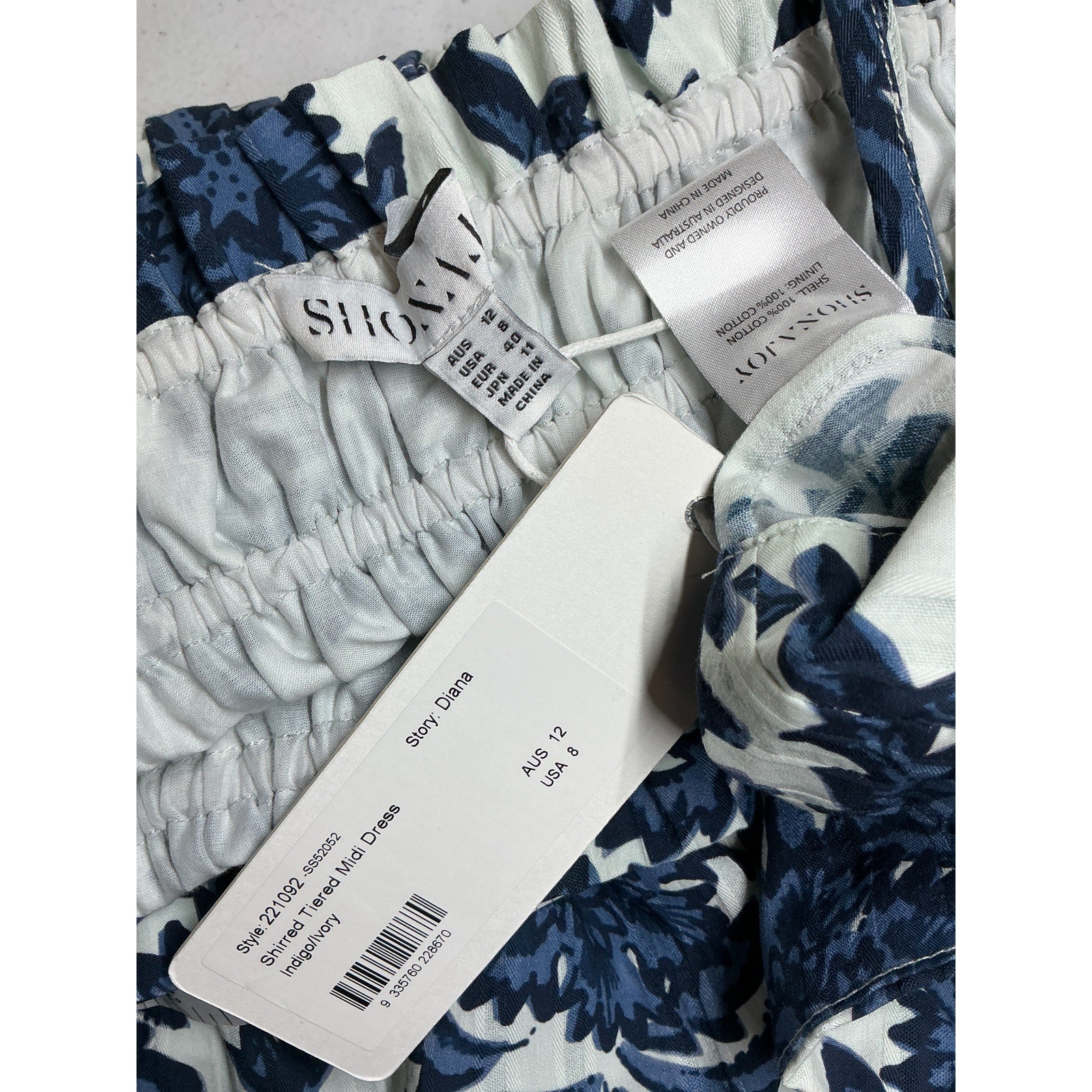 Shona Joy 'Diana' Blue Cotton Shirred Tiered Midi Dress Size 8 - NWT
