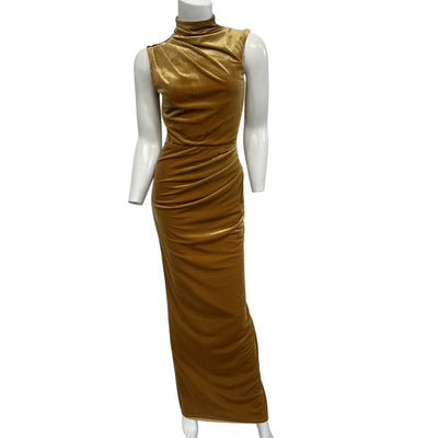 Michael Costello Ruched Gold Mott Maxi Dress Size S