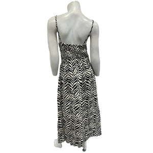 Faithfull The Brand 'Nolie' Black Shirred Zebra-Print Poplin Midi Dress Size 8