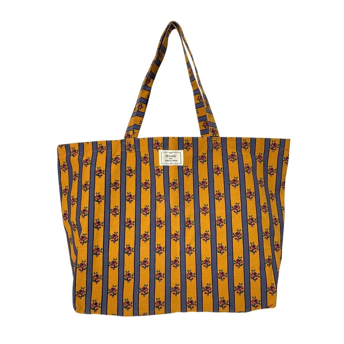 Sézane Printed Yellow Floral Stripe Tote Bag