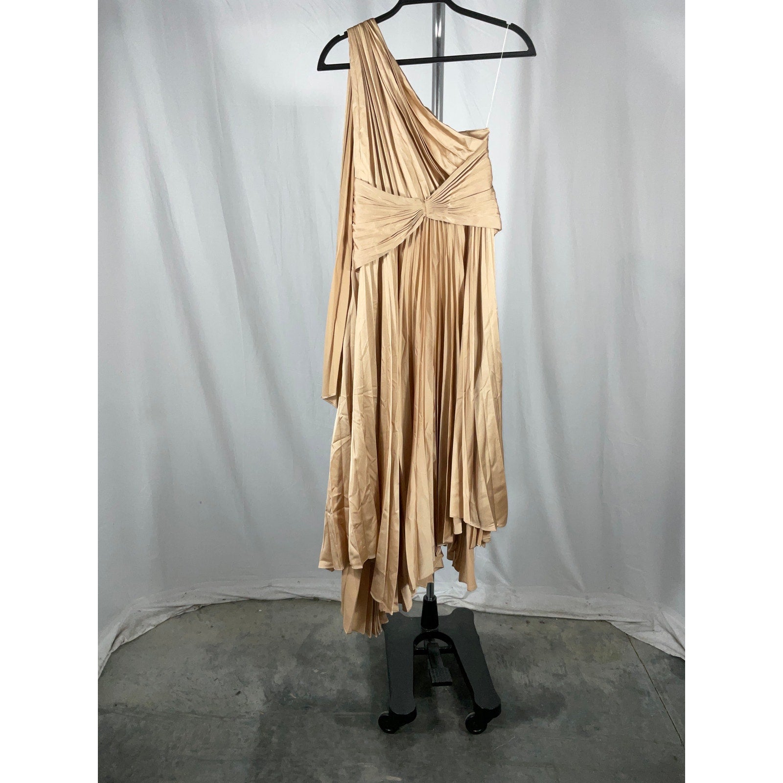 Acler 'Kalora' Tan Polyester Pleated Satin One-Shoulder Midi Dress Size 6