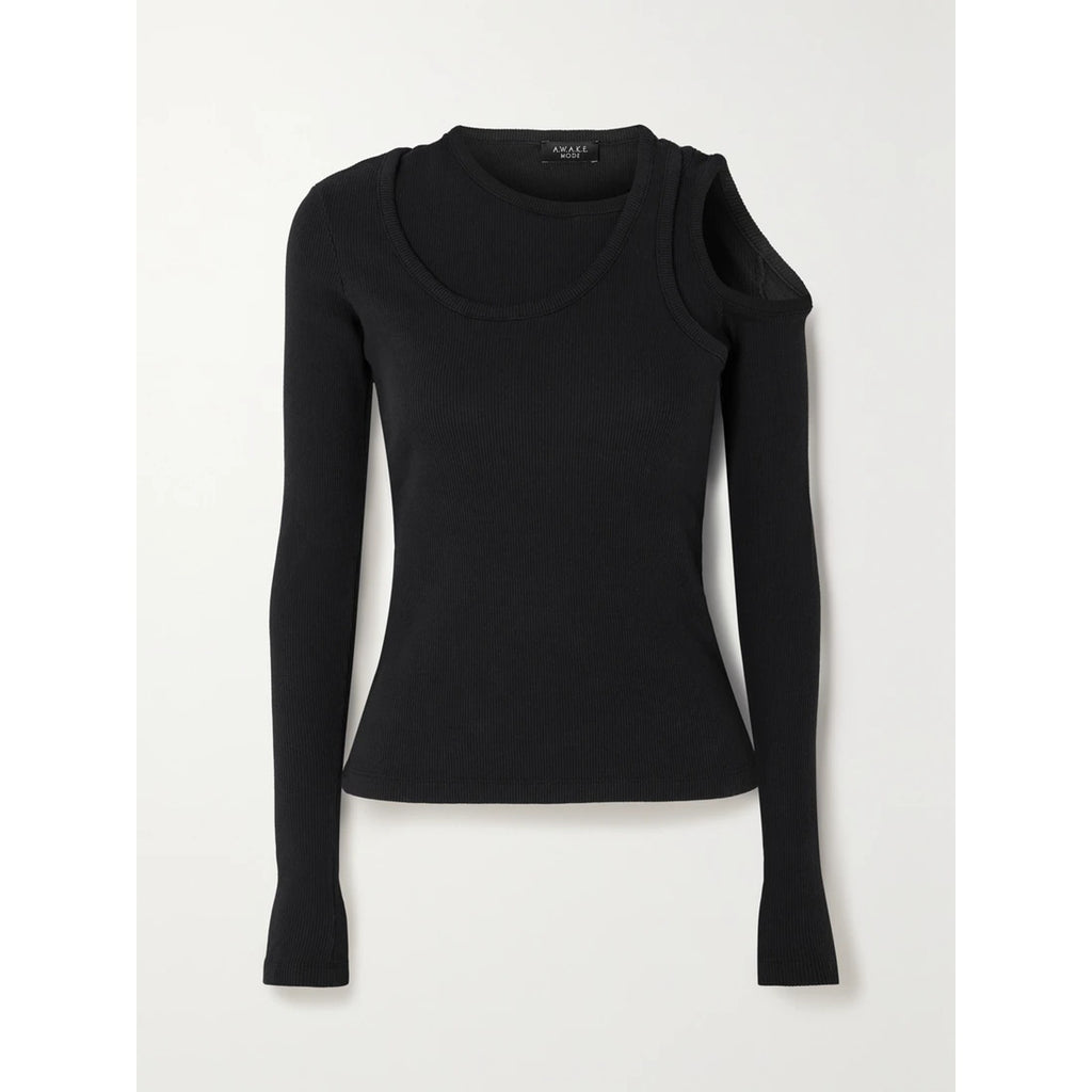 A.W.A.K.E. 'Mode' Black Layered Cutout Ribbed Cotton Blend Long Sleeve Blouse Top Size S