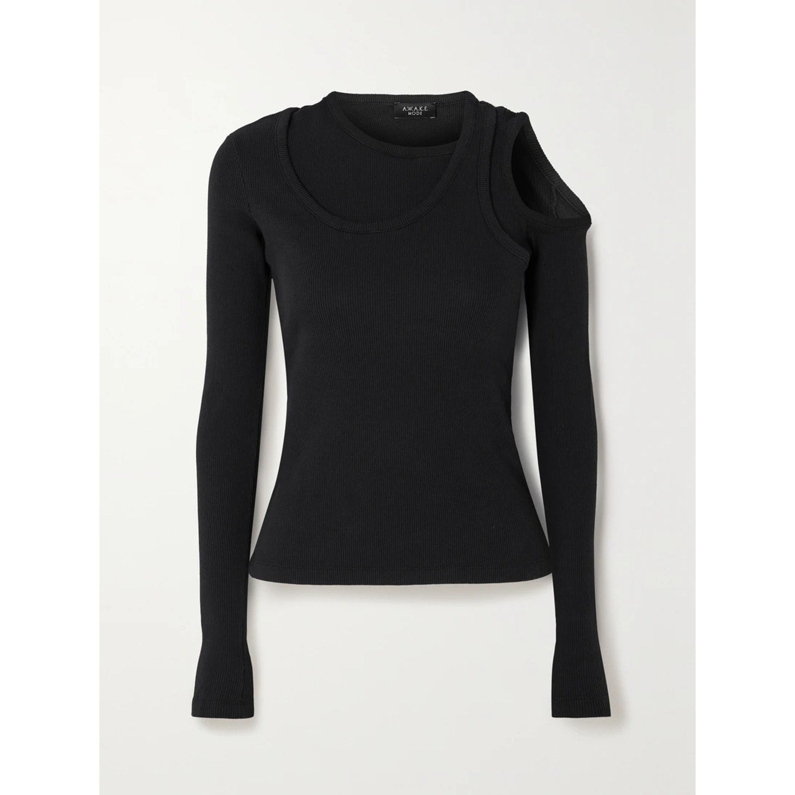 A.W.A.K.E. 'Mode' Black Layered Cutout Ribbed Cotton Blend Long Sleeve Blouse Top Size S