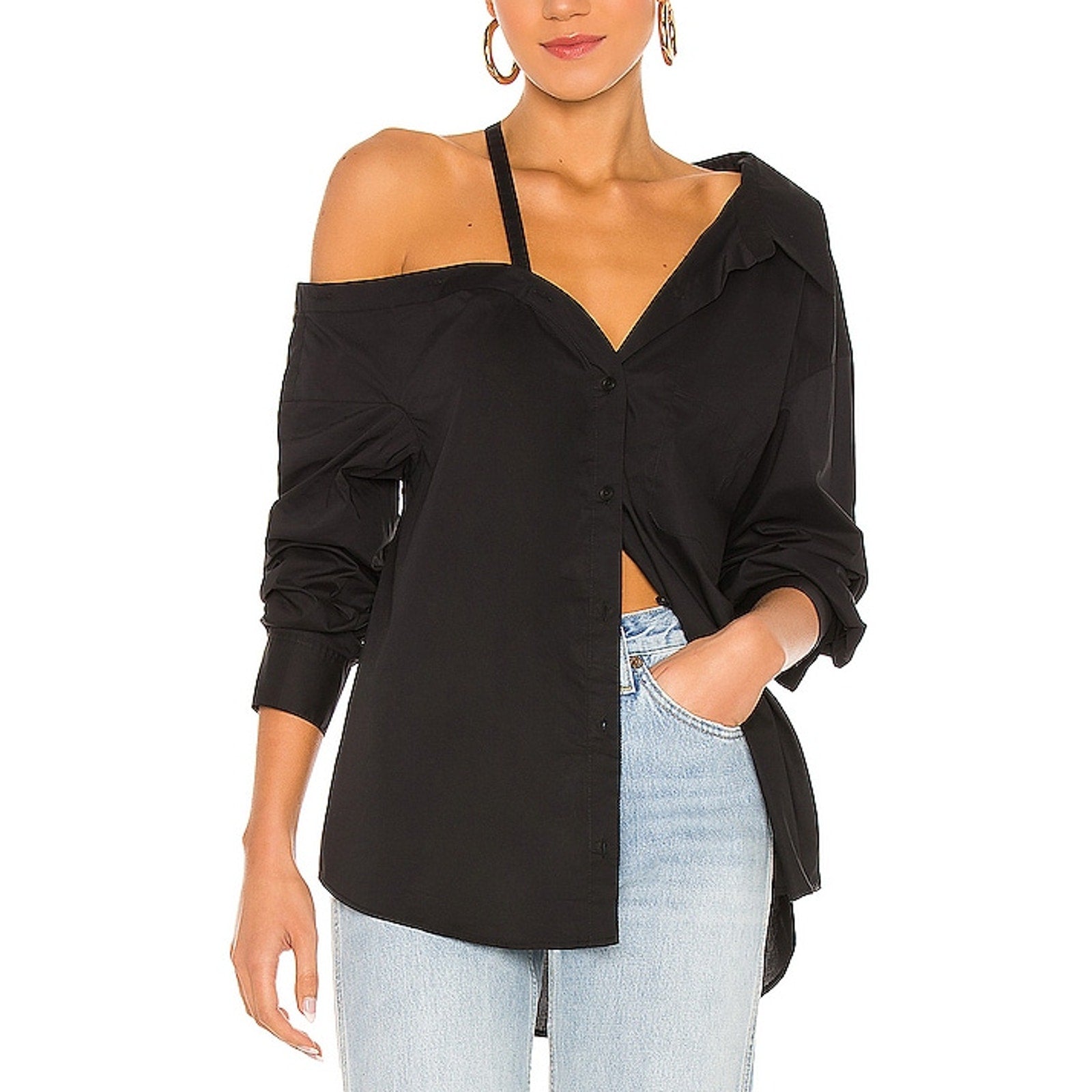 L'Academie Off Shoulder Black Cotton Blouse Size M