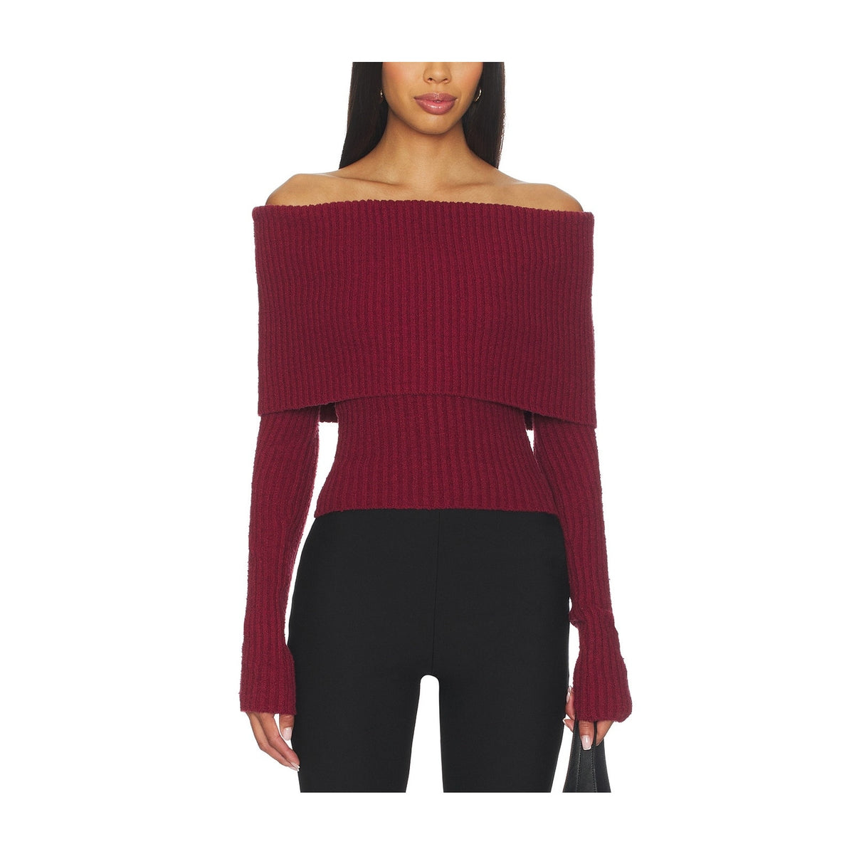 L'Academie Ribbed Burgundy Off-Shoulder Sweater Size S