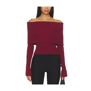 L'Academie Ribbed Burgundy Off-Shoulder Sweater Size S