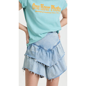 Mother 'The Ruffle' Blue Mini Raw Edge Denim Skirt Size 28