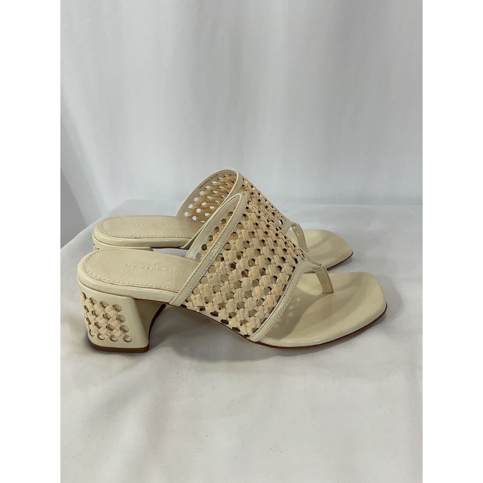 Tory Burch 'Woven' White Patent Leather Raffia Heeled Sandal Size 8.5
