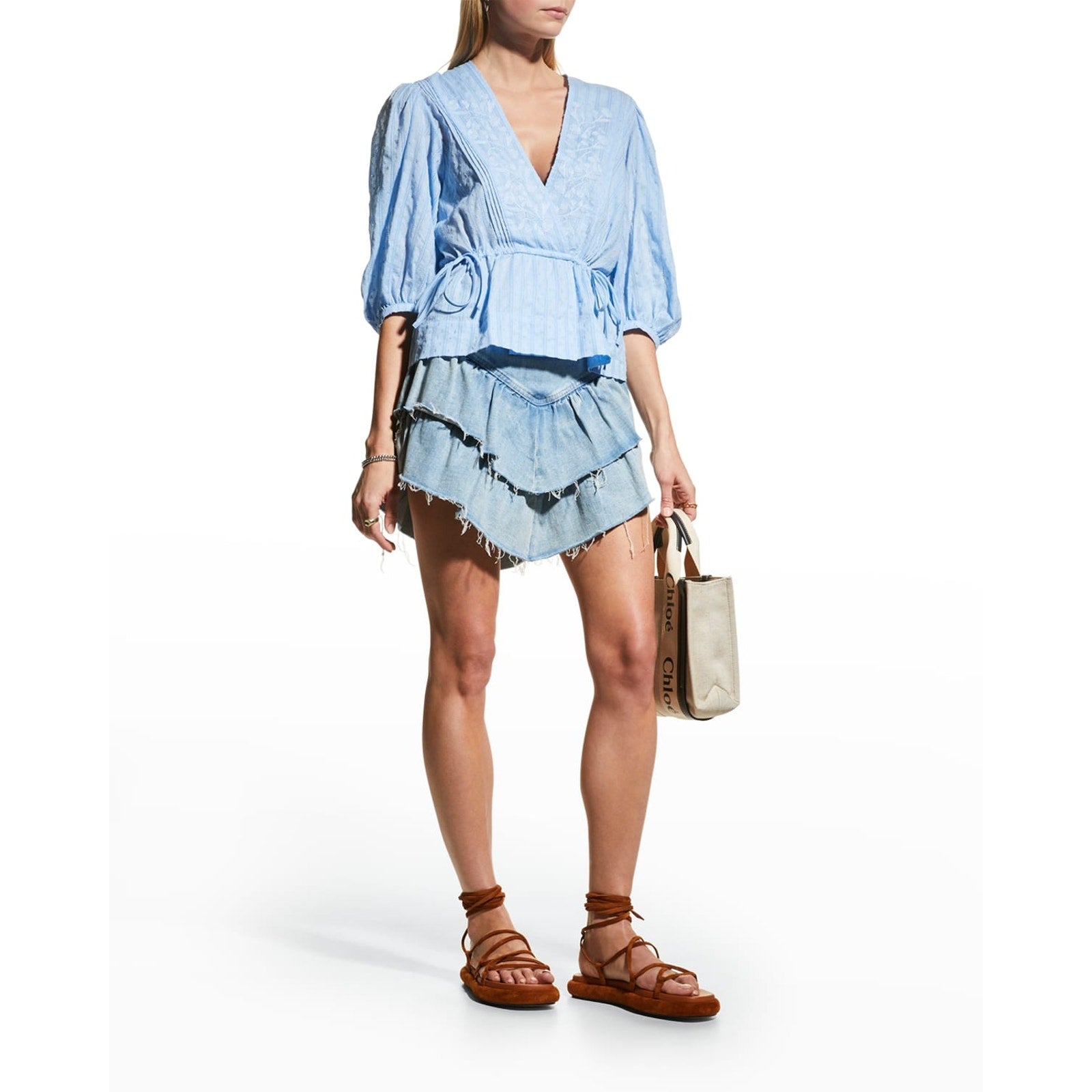 Mother 'The Ruffle' Blue Cotton Mini Raw Edge Skirt Size 27