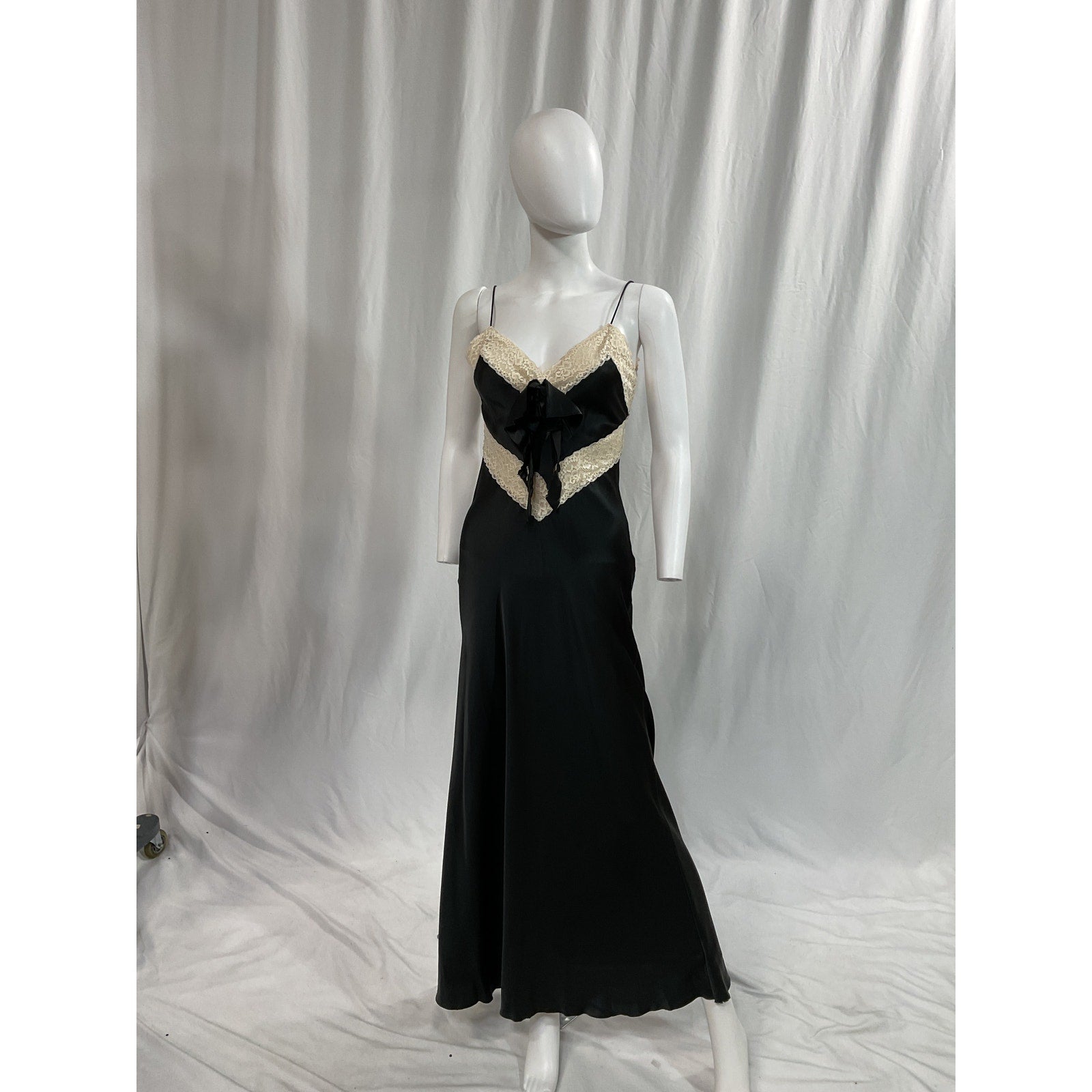 Loveshackfancy 'Serita' Black Lace-Trim V Neck Sleeveless Silk Maxi Slip Dress Size XS