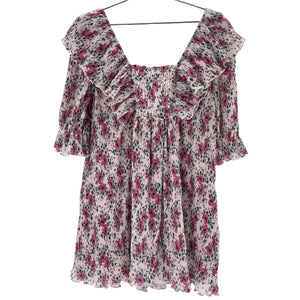 Ganni Floral Lilac Pleated Georgette Ruffle Mini Dress Size 32