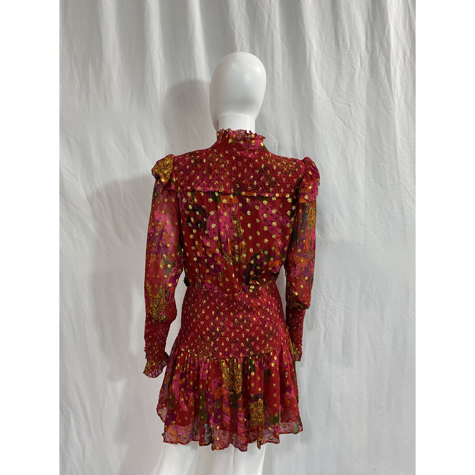 Farm Rio 'Banana' Red Flowers Smocked Long Sleeve Mockneck Mini Dress Size S