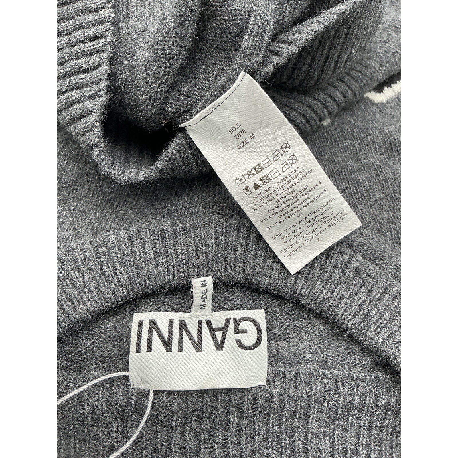 Ganni Gray Graphic Grey Wool Bear Sweater Size M