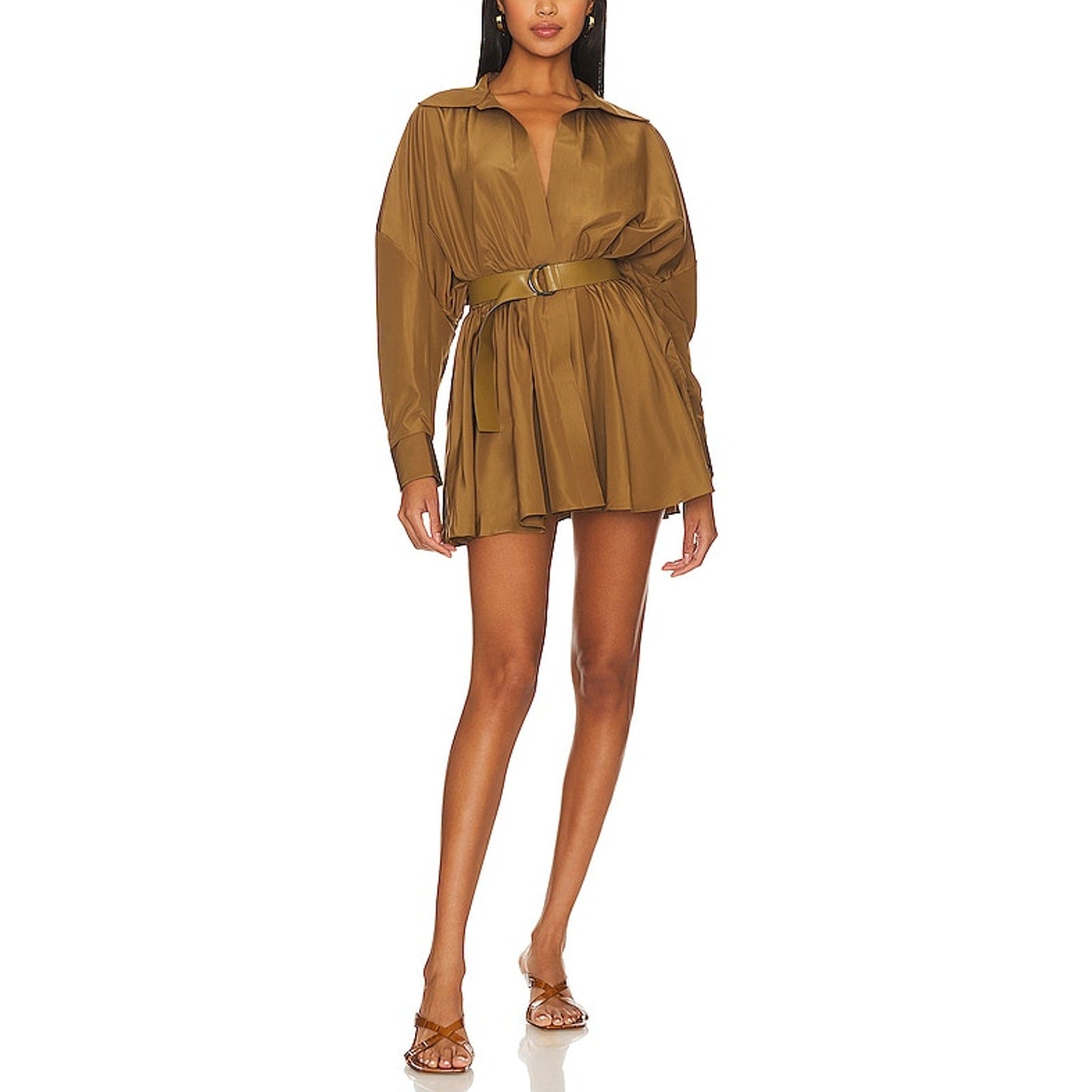 Norma Kamali 'Oversized' Tan Shirt Flared Challis Mini Dress Size XS