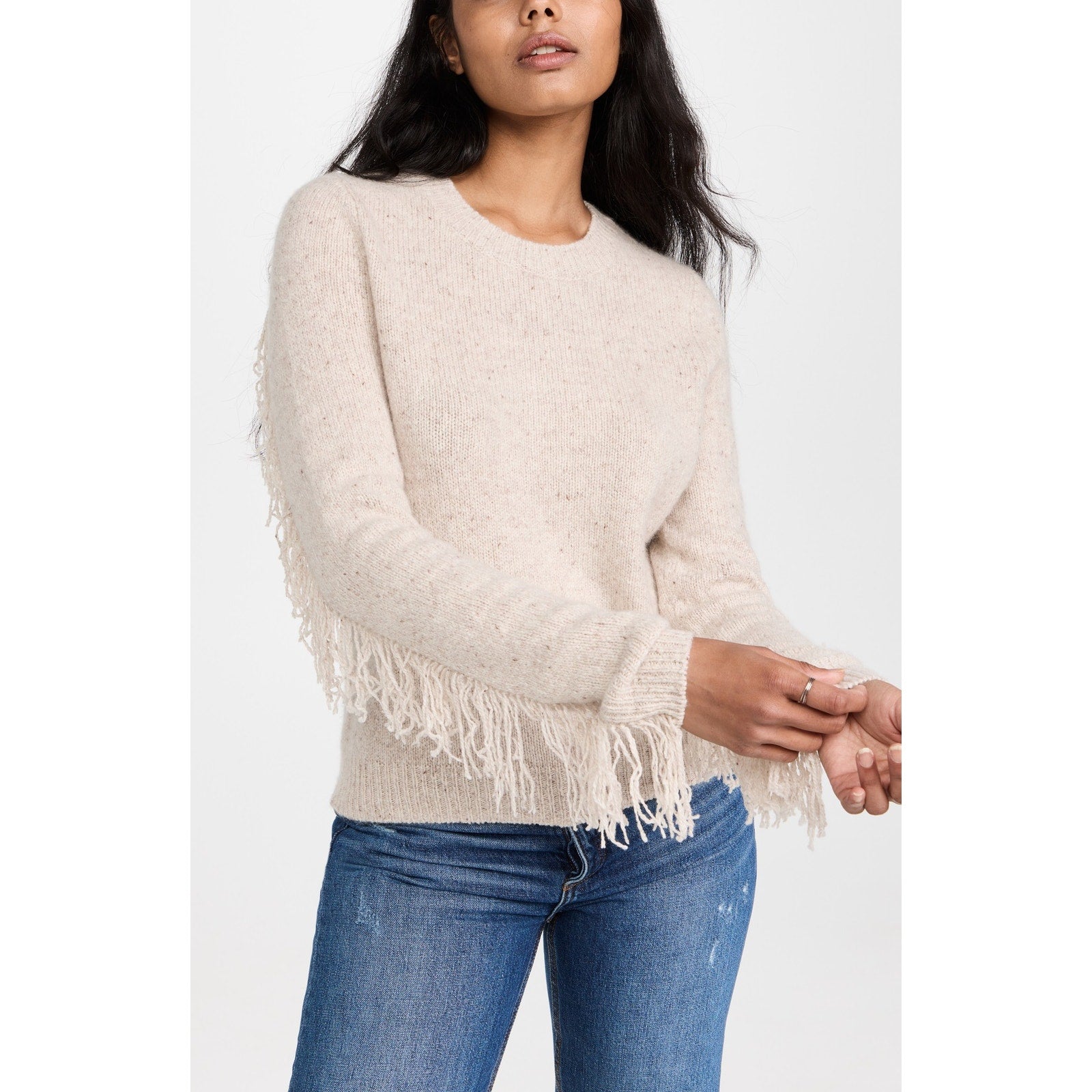 Autumn Cashmere 'Fringed' Beige Cashmere Crew Sweater Size M