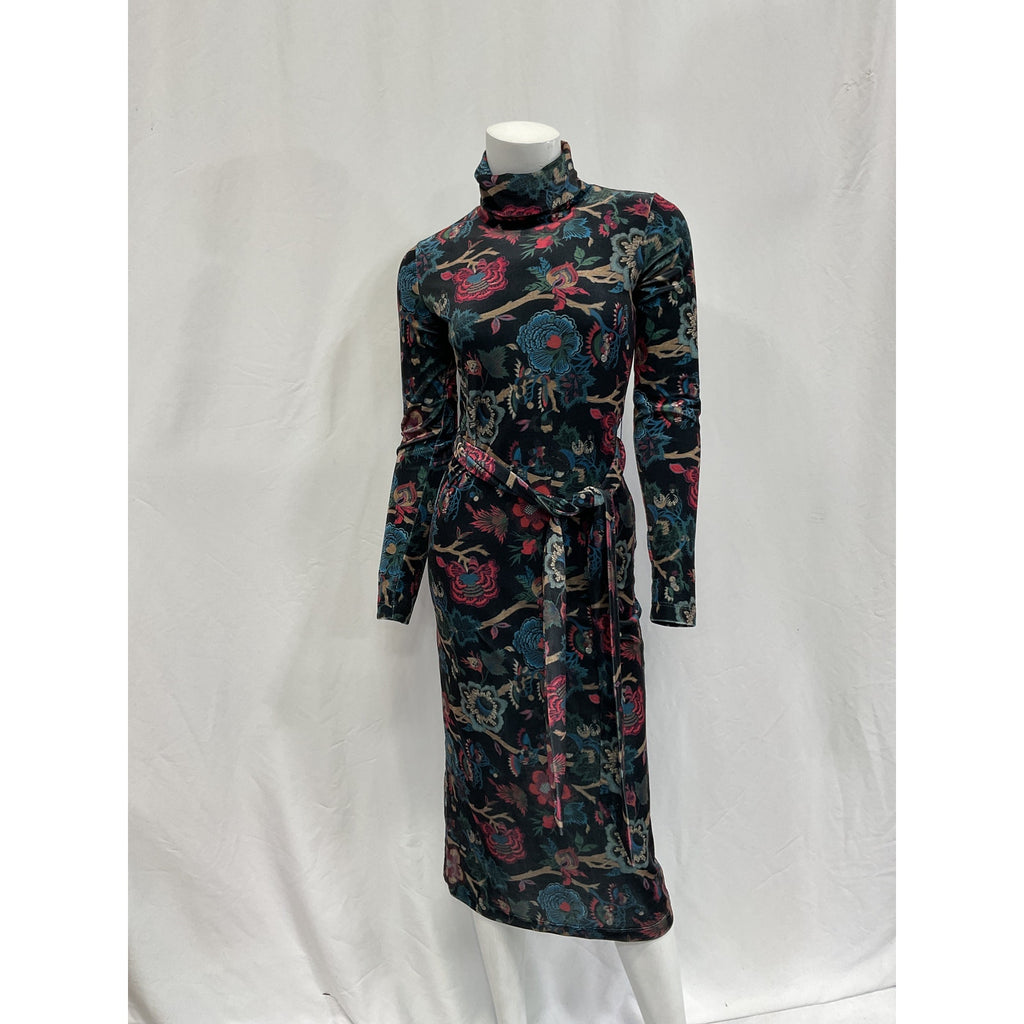 Cara Cara 'Piper' Black Velour Paisley Floral Print Turtleneck Long Sleeve Dress Size XS - NWT