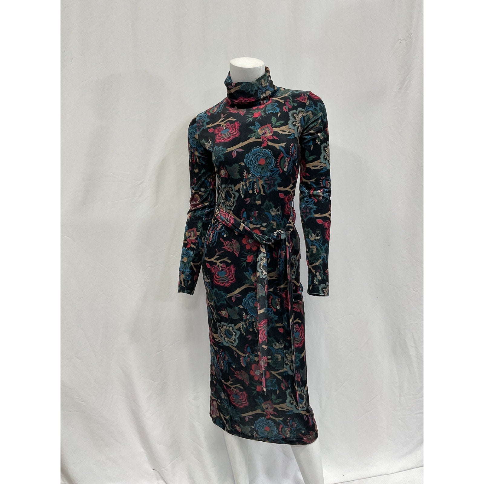 Cara Cara 'Piper' Black Velour Paisley Floral Print Turtleneck Long Sleeve Dress Size XS - NWT
