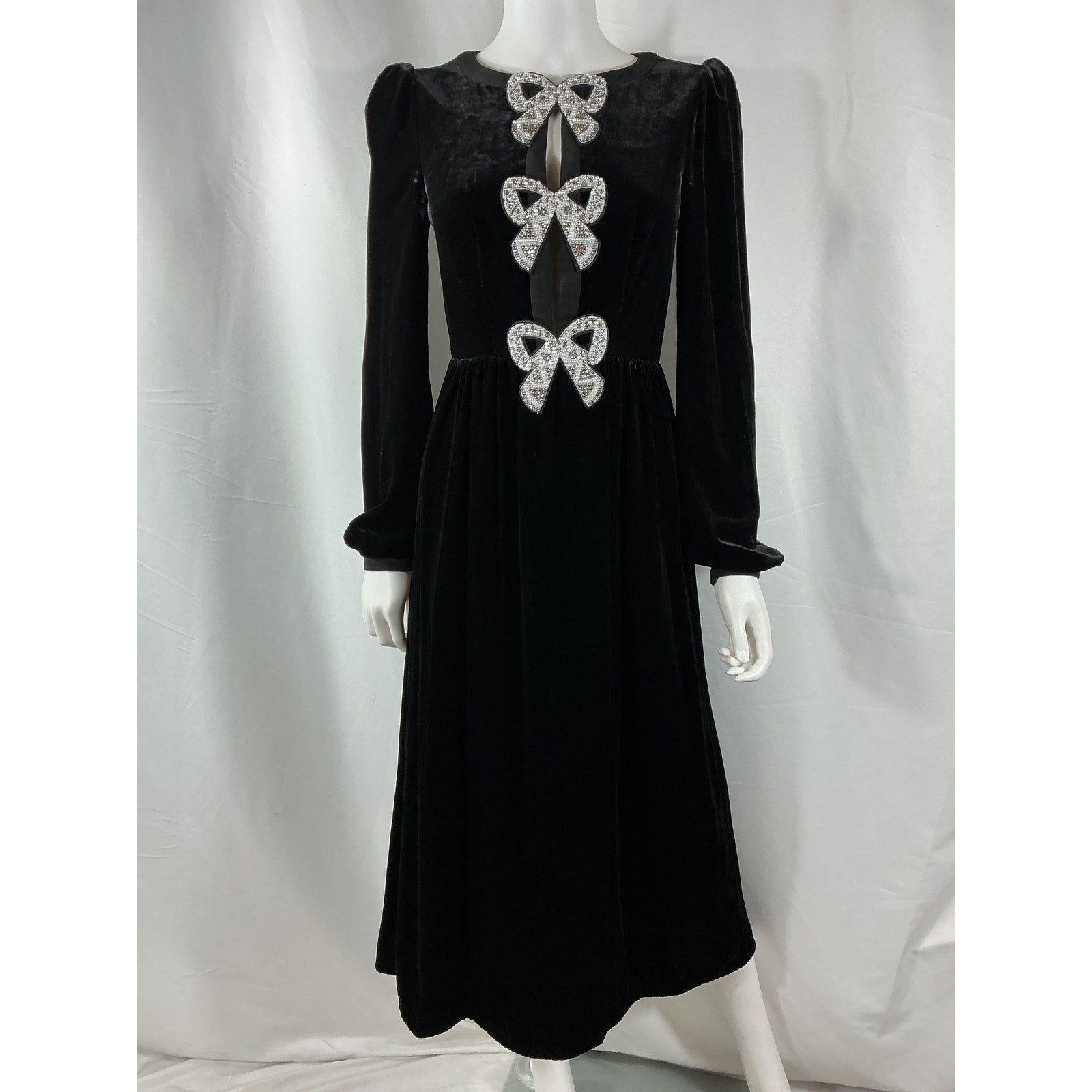 Saloni 'Camille' Black Rayon Bow-Embellished Velvet Midi Dress Size 0