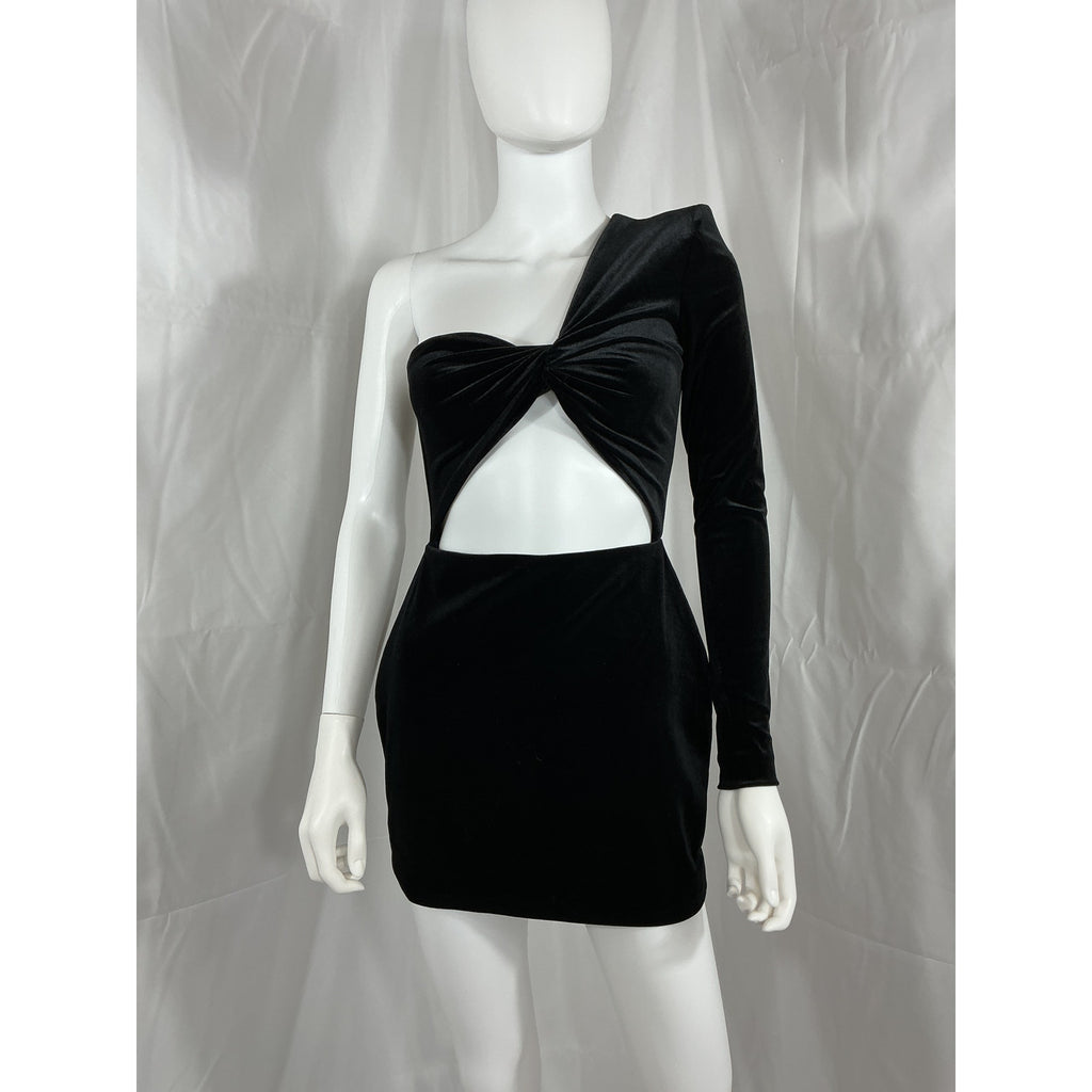 Alex Perry 'Velvet' Black Greer One Shoulder Cut Out Knot Mini Dress Size 4 - NWT