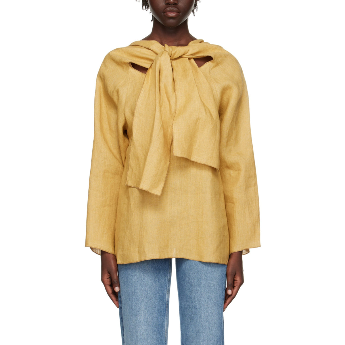 Baserange 'Brazo' Yellow Organic Linen Crewneck Blouse Size S