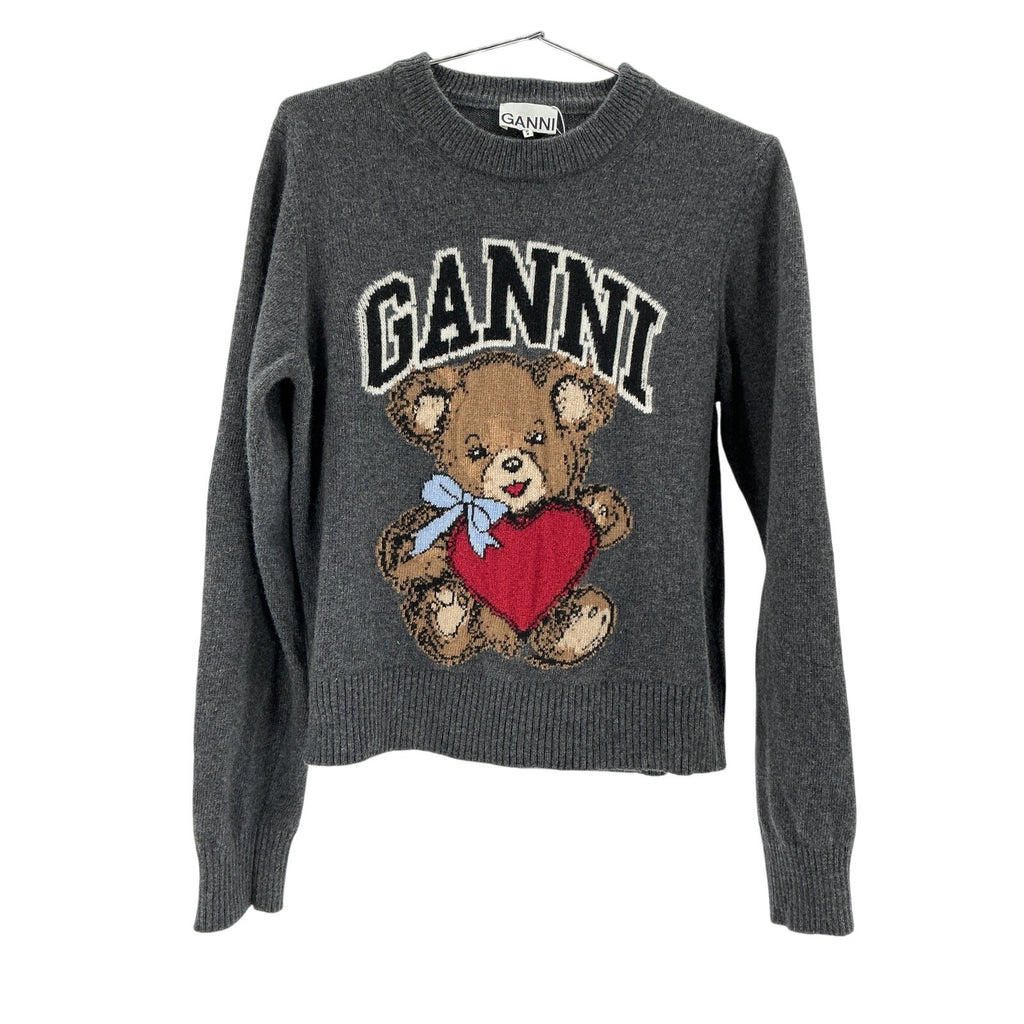 Ganni Gray Graphic Grey Wool Bear Sweater Size M