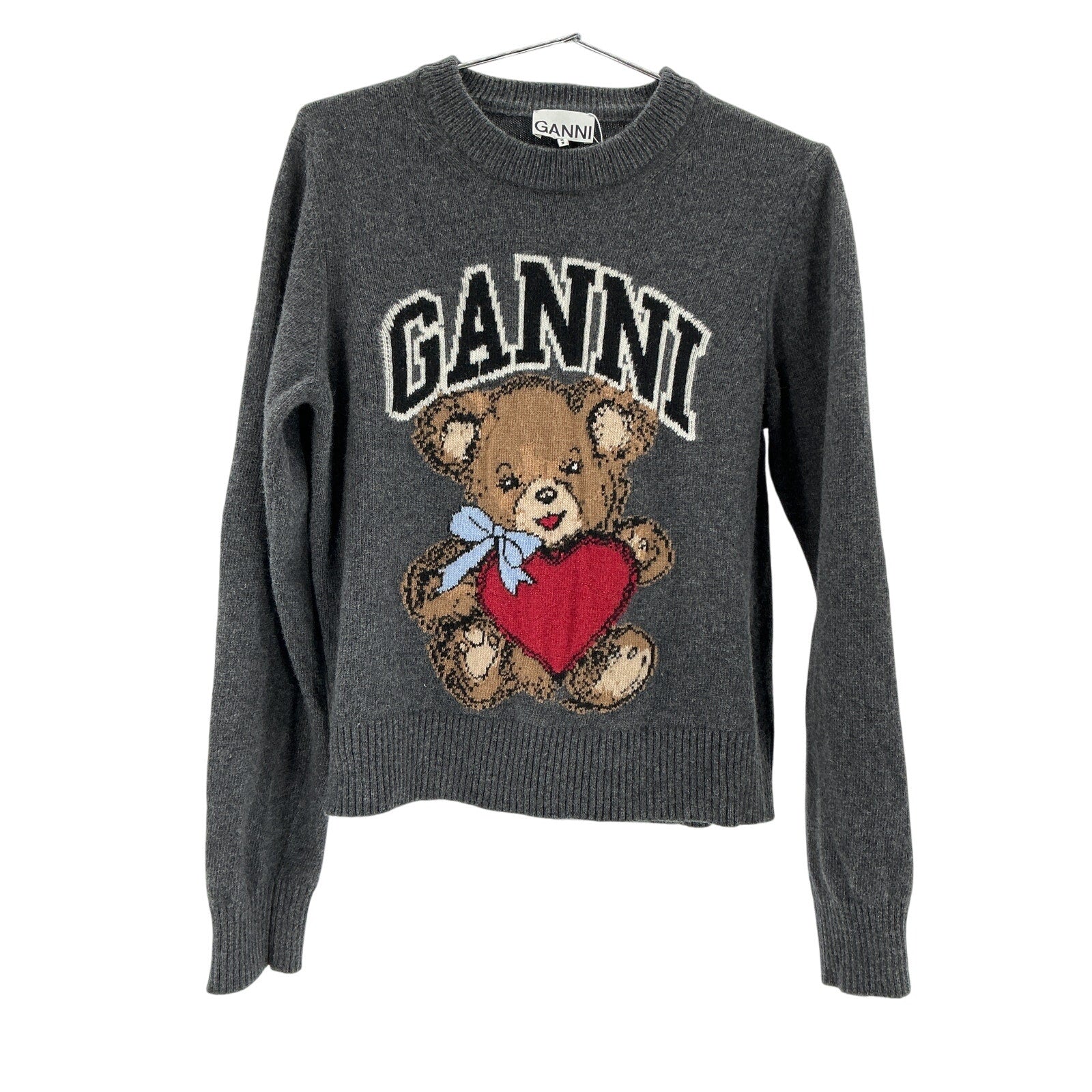 Ganni Gray Graphic Grey Wool Bear Sweater Size M