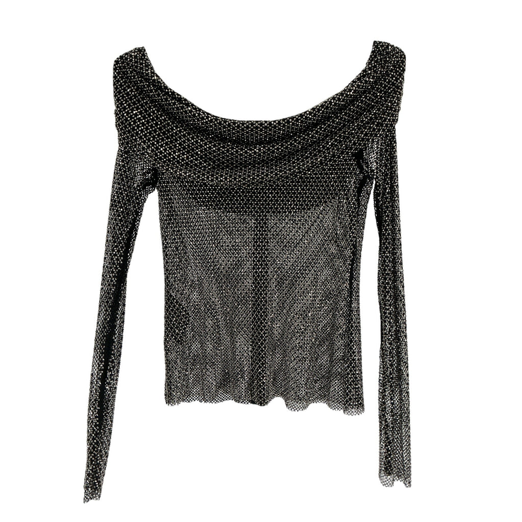 Self-Portrait Off-The-Shoulder Black Polyester Embellished Fishnet Top Size 12