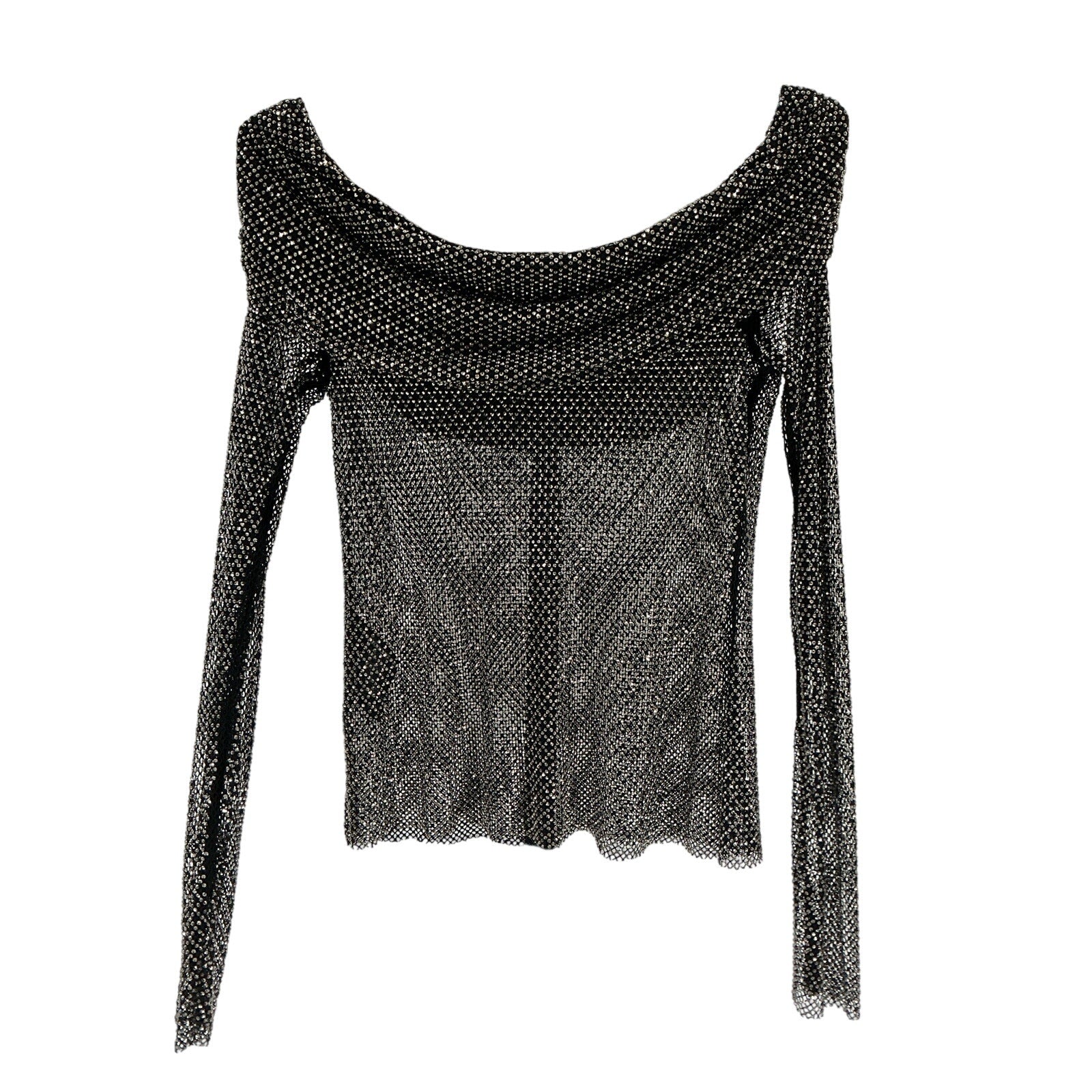 Self-Portrait Off-The-Shoulder Black Polyester Embellished Fishnet Top Size 12