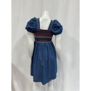 Stella Mccartney Puff-Sleeved Blue Cotton Ruched Chambray Dress Size 8