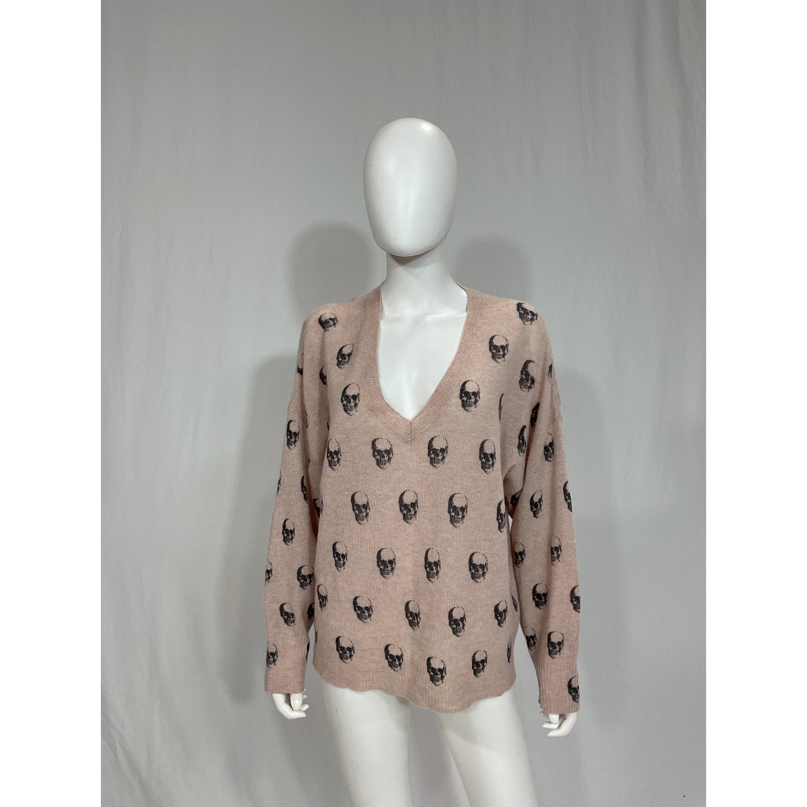 360 Cashmere '0Bjennie' White V Neck Skull Print Cashmere Sweater Size L