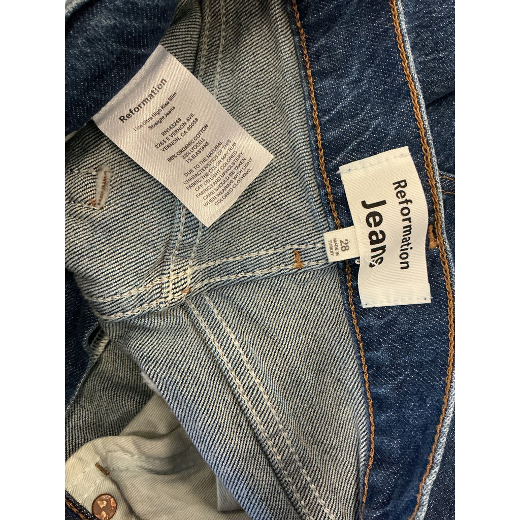 Reformation 'Liza' Blue Cotton Ultra High Rise Straight Jeans Size 28