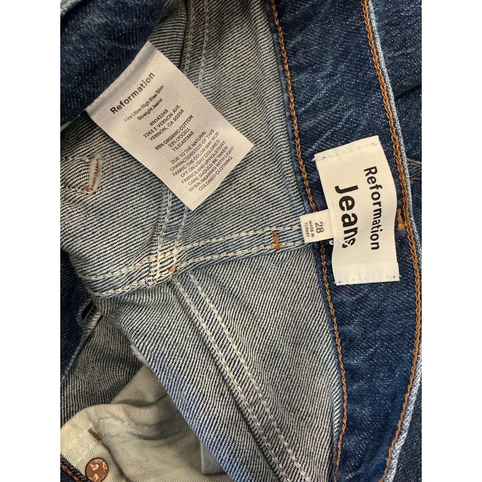 Reformation 'Liza' Blue Cotton Ultra High Rise Straight Jeans Size 28