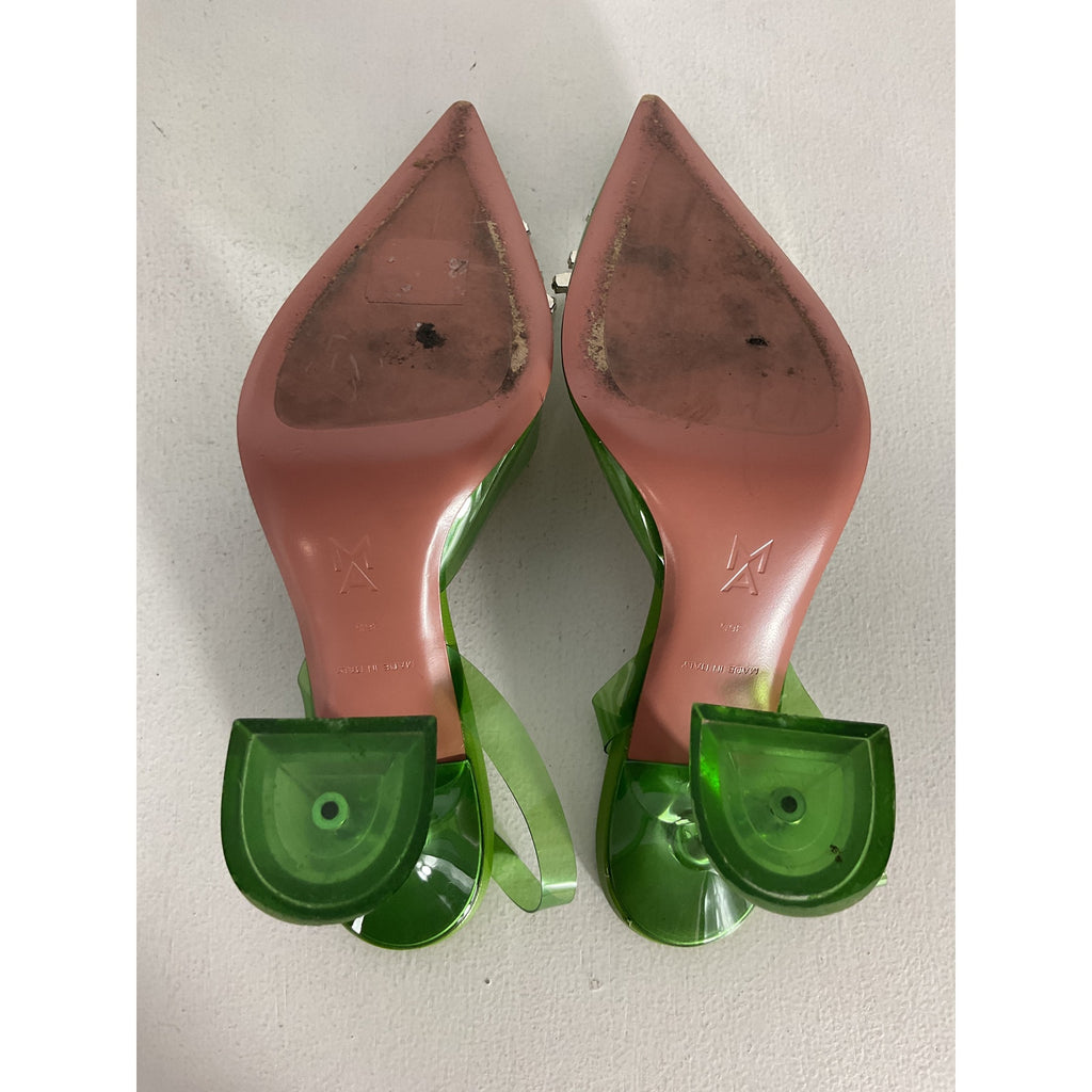 Amina Muaddi 'Begum' Green Leather Glass Heel Size 6.5