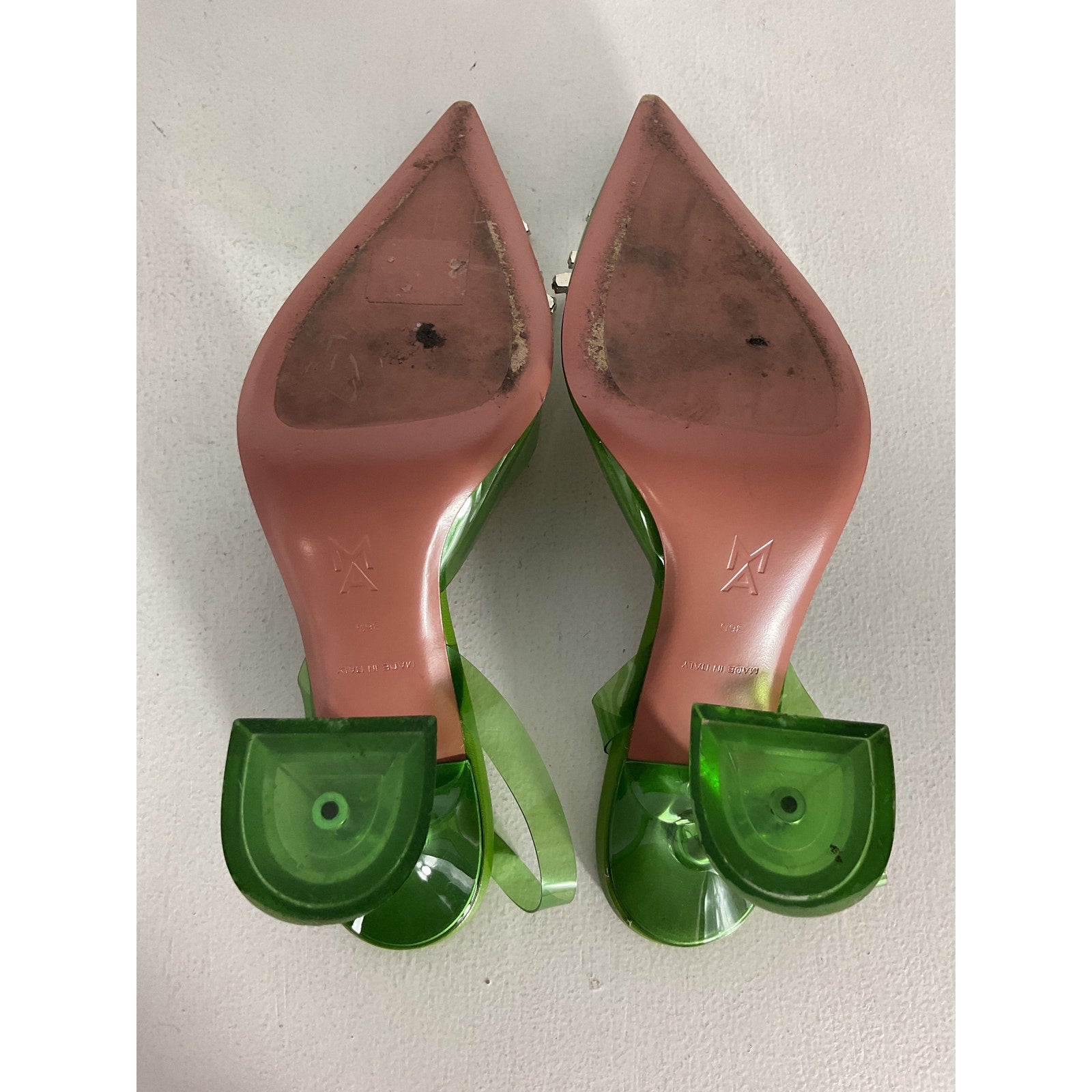 Amina Muaddi 'Begum' Green Leather Glass Heel Size 6.5