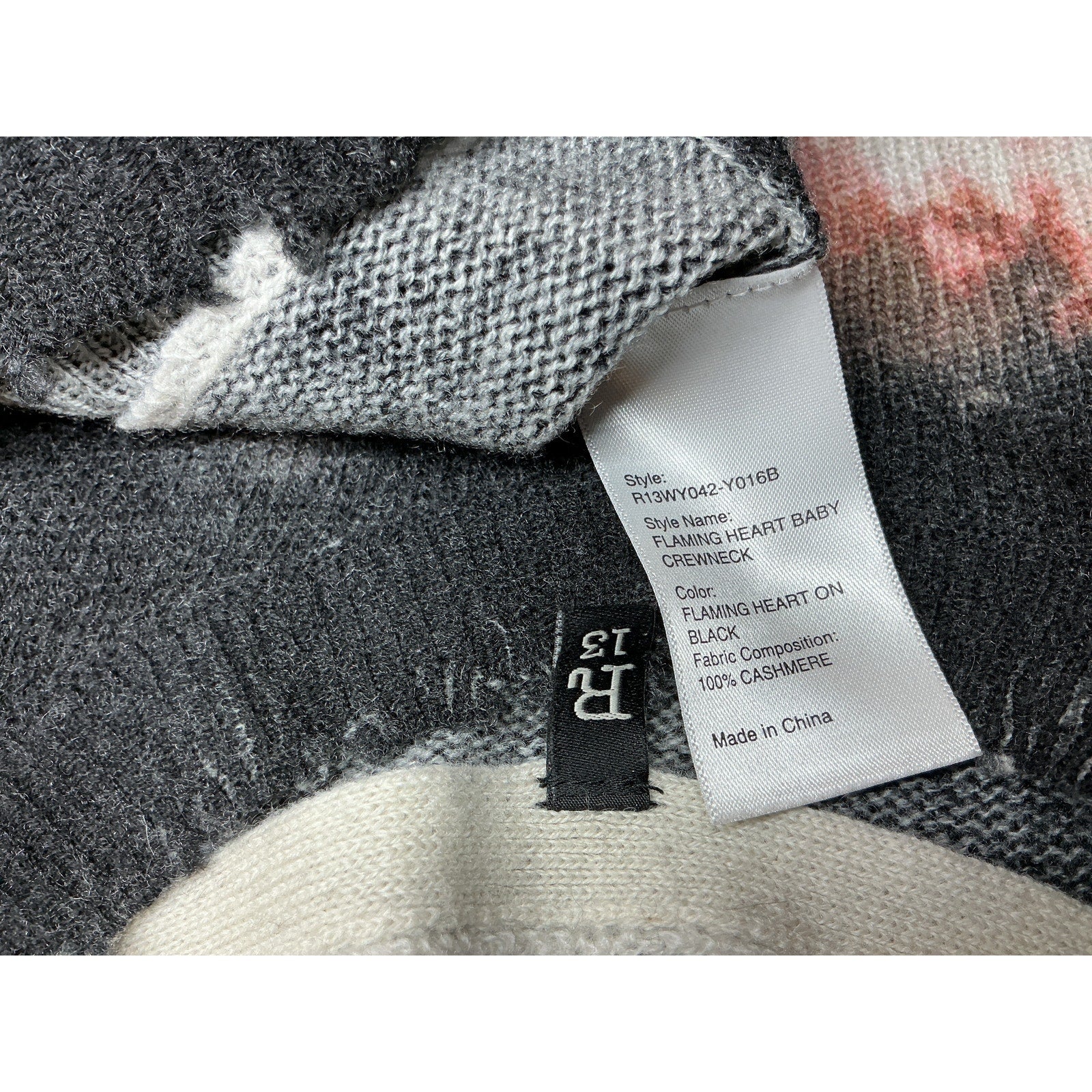 R13 'Flaming' Black Cashmere Heart Baby Crewneck Size S