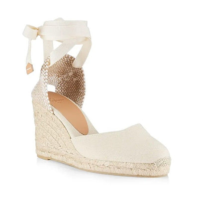 Castañer Classic Beige Carina Ankle Tie Espadrille Wedge Sandals Size 37 EU / US 7 NWT