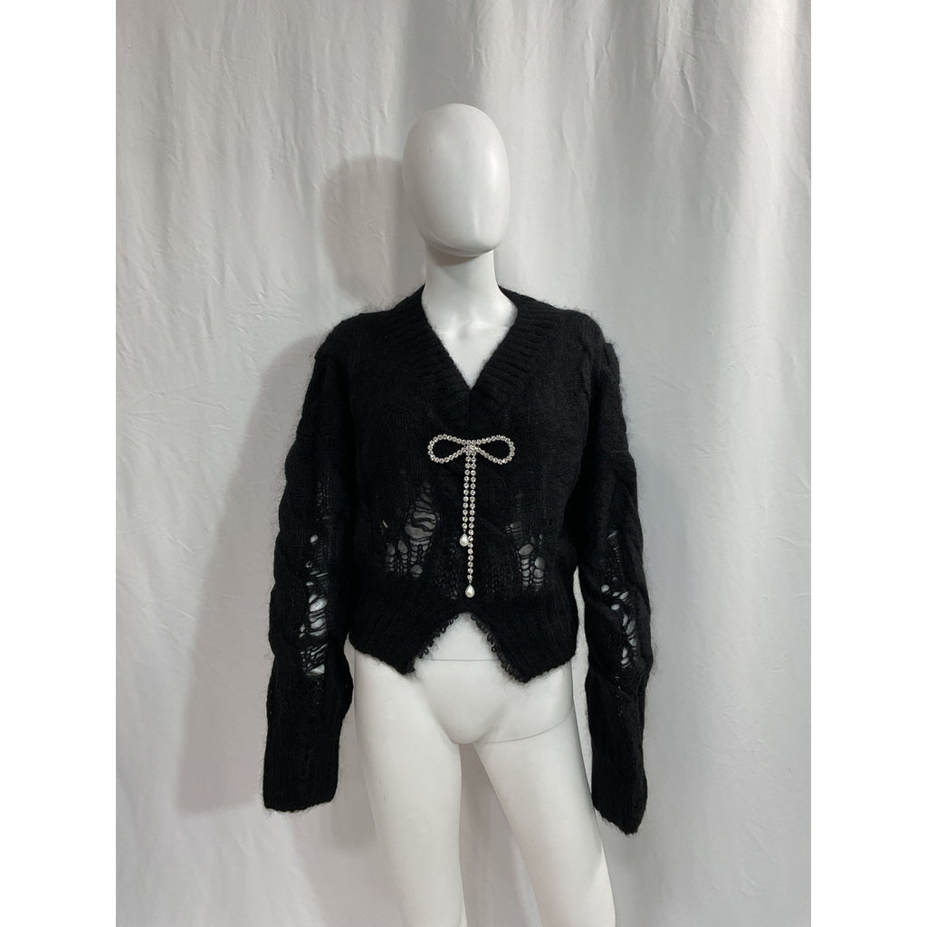Area 'Distressed' Black Cable Knit Crystal Bow Pullover Size XS