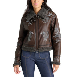 Cinq A Sept Embroidered Brown Devyn Aviator Jacket Size XXS